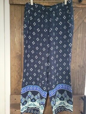 Loft Navy Floral Border Print Wide-Leg Pants